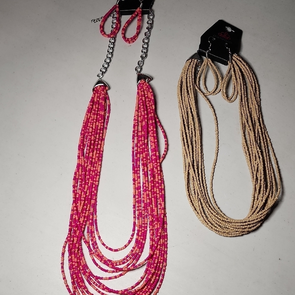 Vibrant Pink and Tan Beaded Necklace Set with earrings